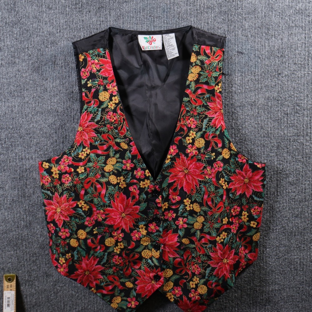 Vintage 90s Holiday Vest Large Ugly Christmas Poinsettias Grandmacore Novelty